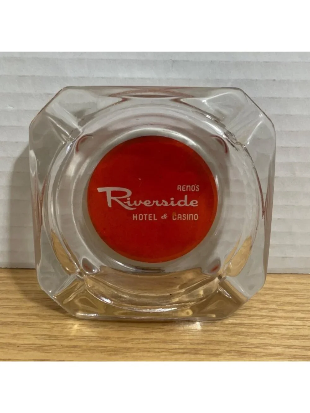 Vtg Reno Riverside Hotel Casino Clear Glass Ashtray Red Logo Former Hotel MCM
